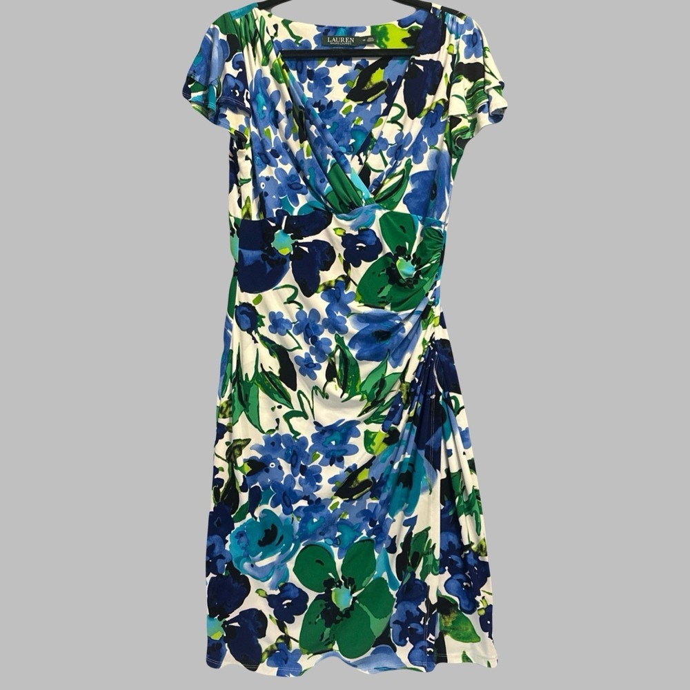 Lauren Ralph Lauren Ruched Faux Wrap‎ Dress Size 10 Floral Office Career Stretch